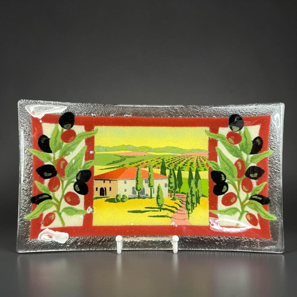 Peggy Karr 2006 Fused Glass Tray Mediterranean Villa Olive Branch Rectangular‎